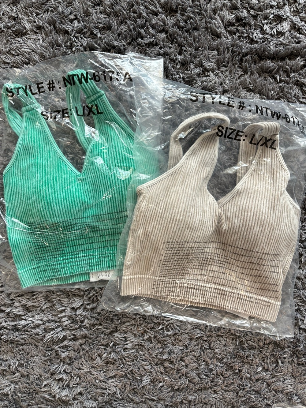 Zenana Acid Wash Ribbed V-Neck Brami Bundle - Kelly Green & Beige